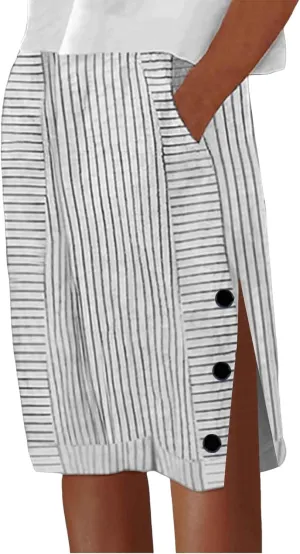 Striped Bermuda Shorts for Women Elastic Waist Button Side Slit Casual Shorts Knee Length Breathable Comfy Short