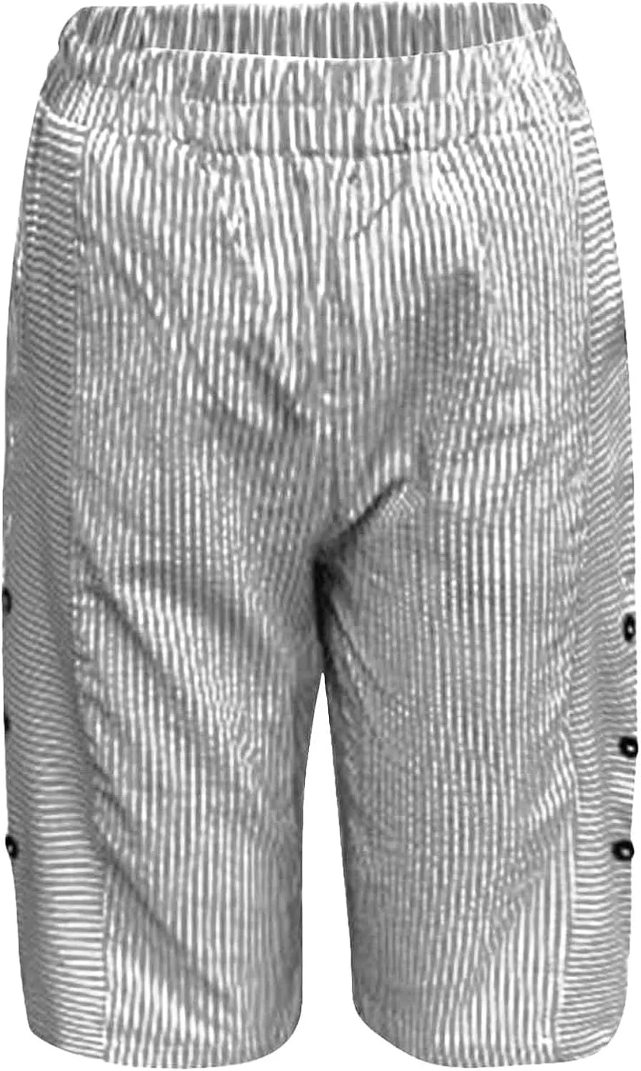 Striped Bermuda Shorts for Women Elastic Waist Button Side Slit Casual Shorts Knee Length Breathable Comfy Short