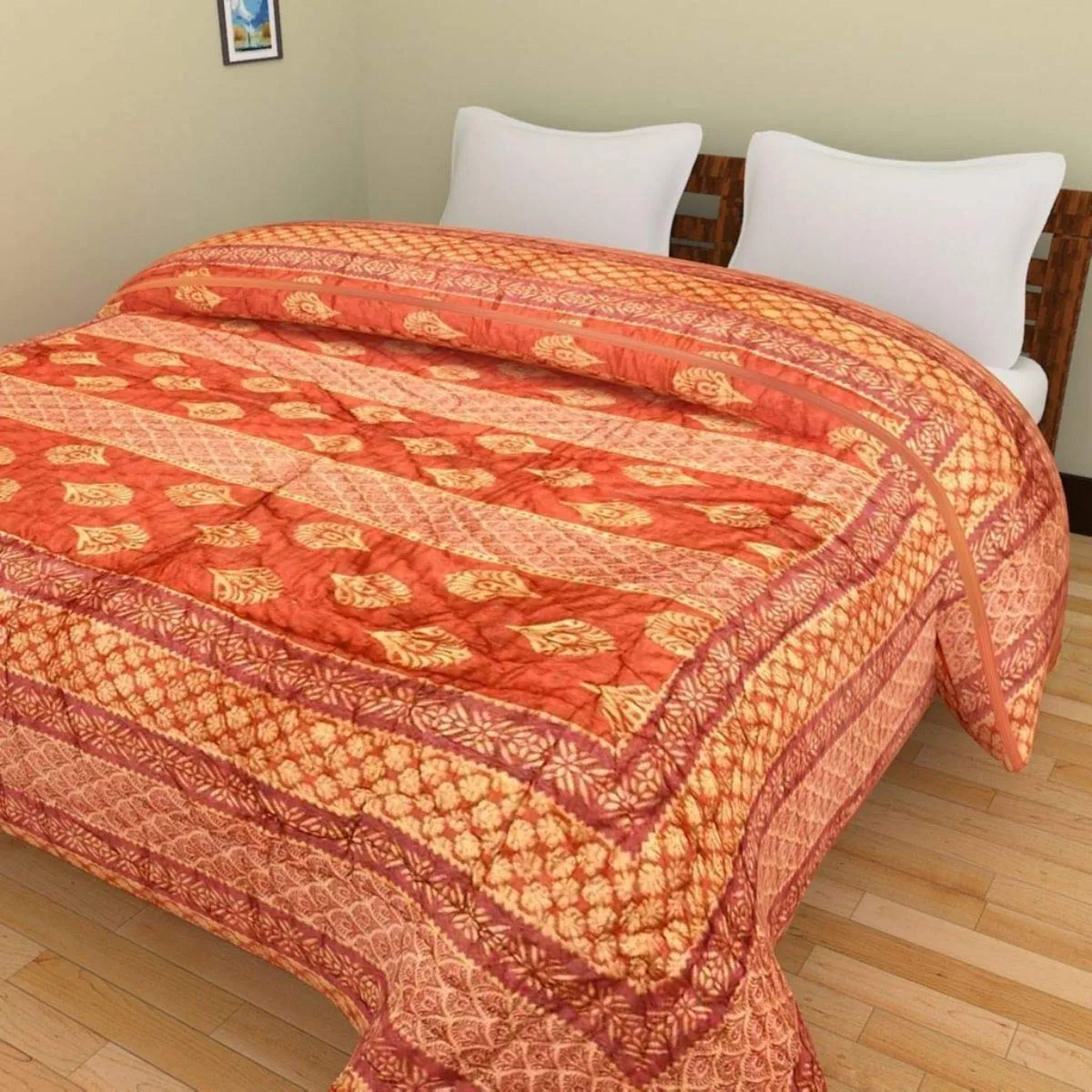 SVT Jaipuri Light Weight Pure Cotton Rajasthani Single Side Print Double Bed Quilt (Double,RED & ORENGE)