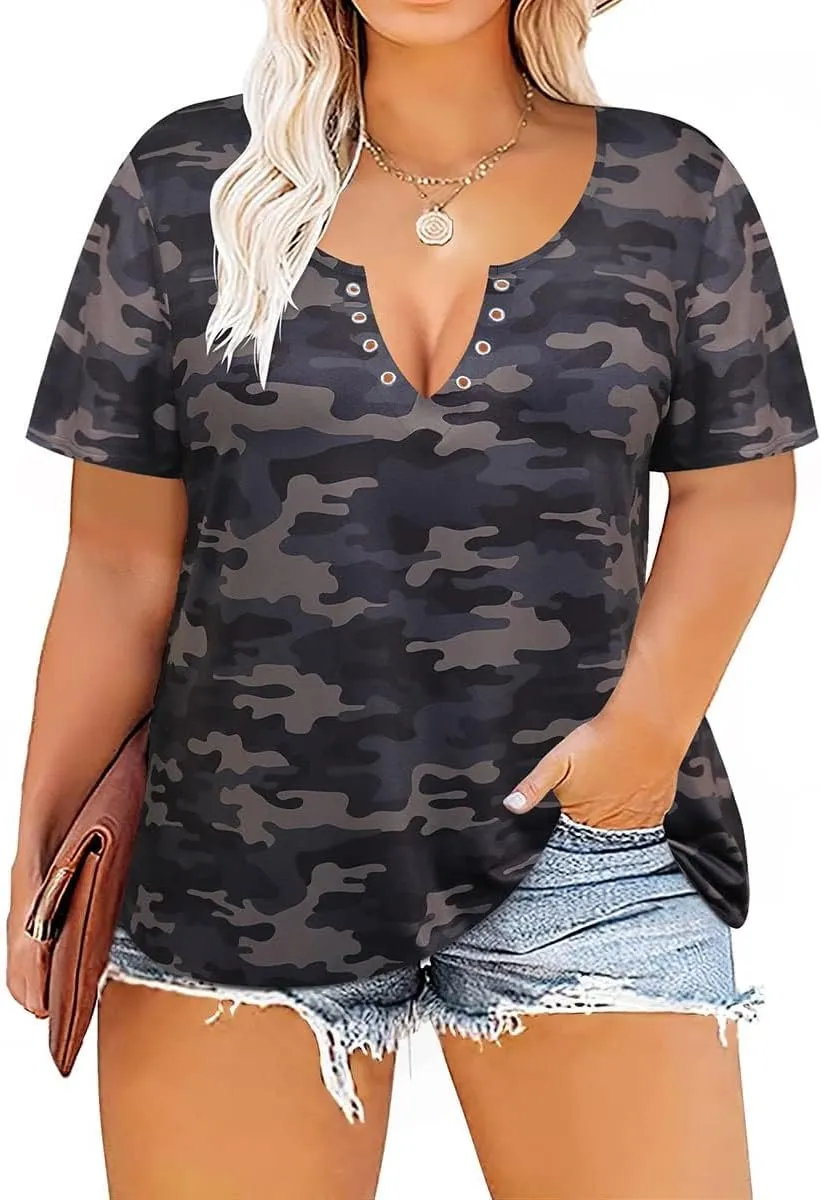 TIYOMI Plus Size T Shirt for Women Buttons Tops Short Sleeve Summer Sexy V-Neckline Shirts Solid/Tie Dye XL-5XL