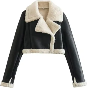 Uillui Women's Faux Shearing Fur Lined Leather Jacket Warm Thick Winter Coat Sherpa Lined Short Moto Biker Short Crop Coats