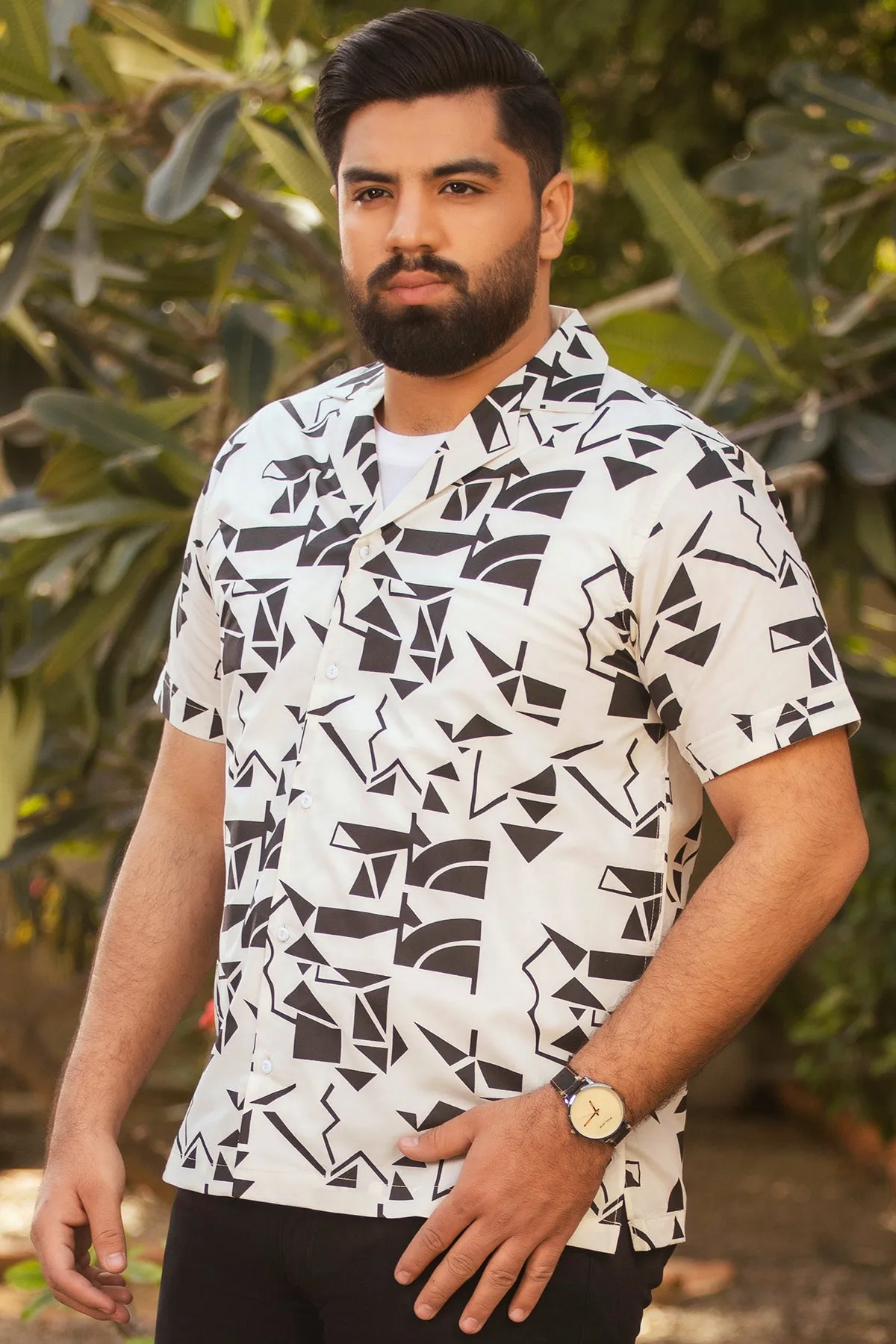 White Monochromatic Printed Resort Collar Shirt (Plus size) - A24 - MS0080P