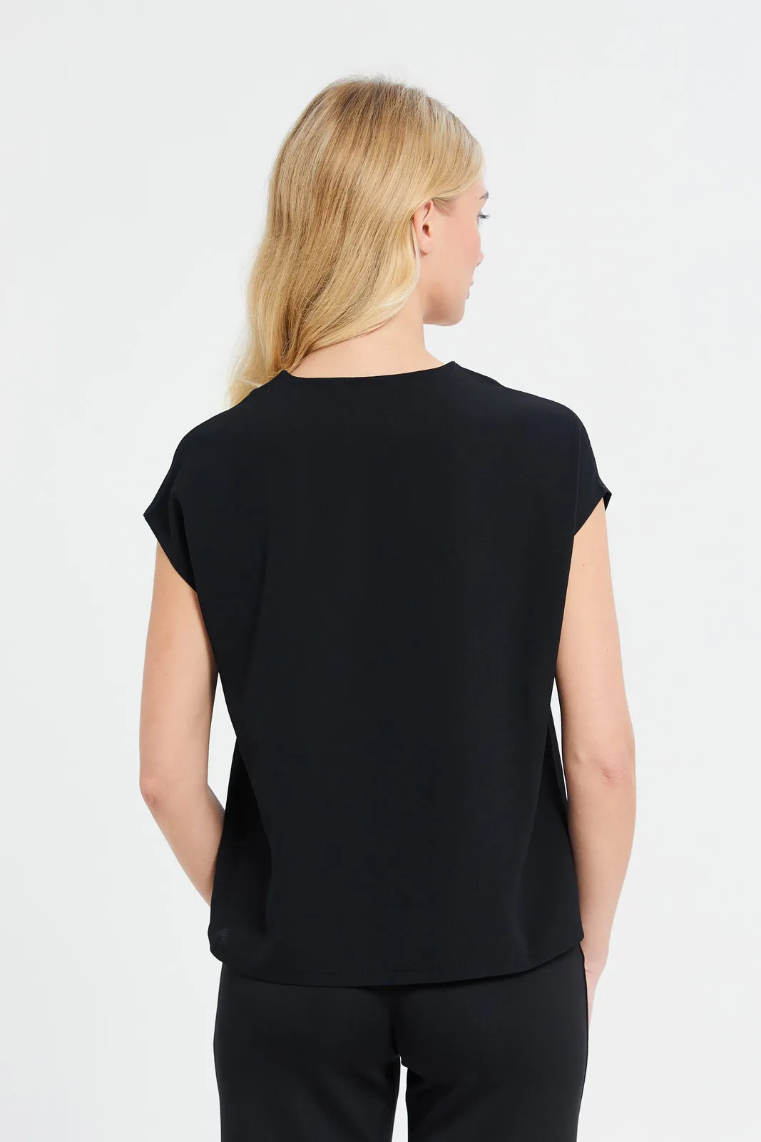 Women Black Neck Trim Detailed Top