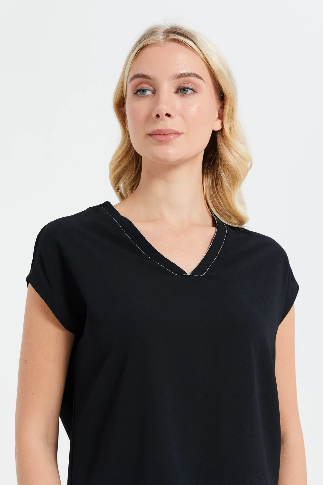 Women Black Neck Trim Detailed Top