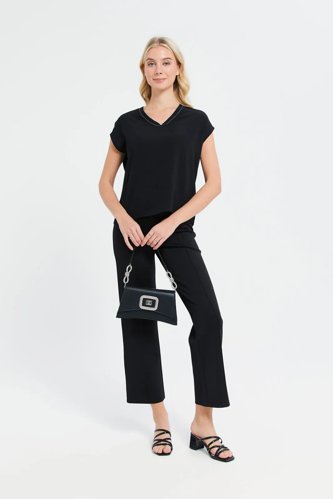 Women Black Neck Trim Detailed Top