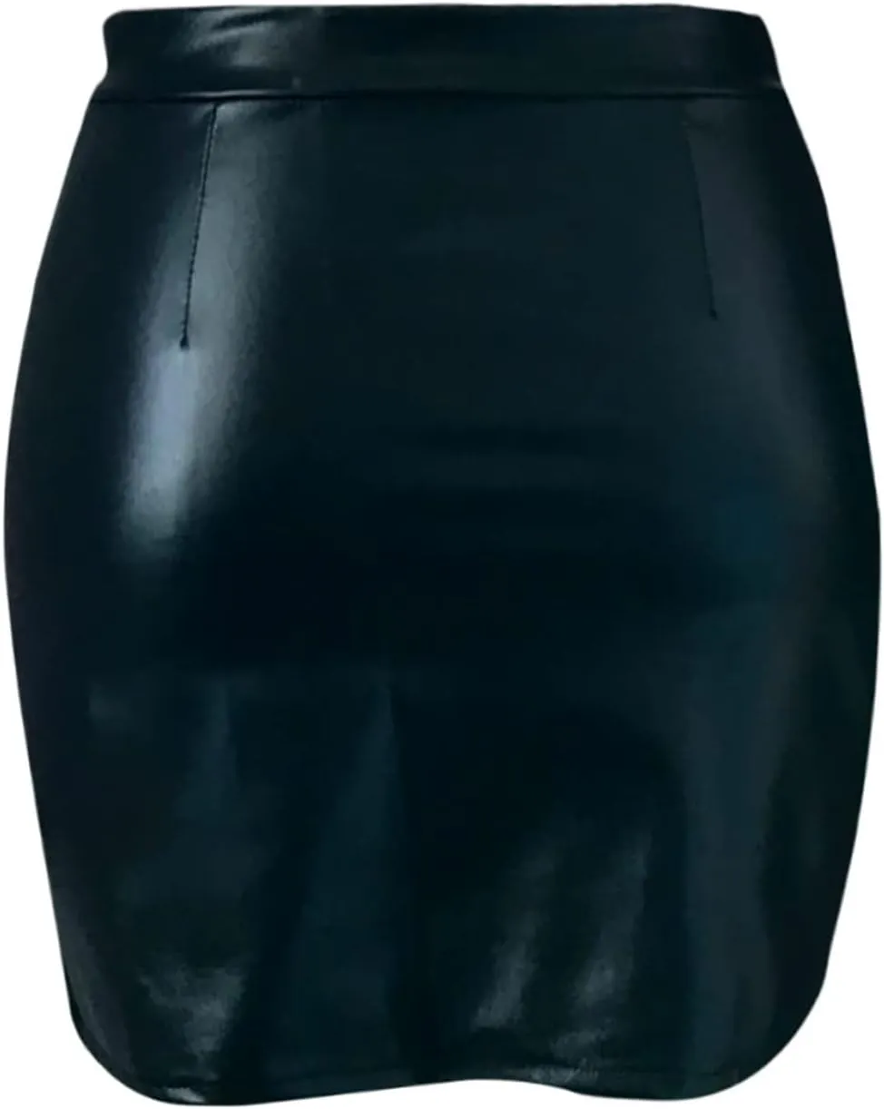 Women High Waist Bodycon Slit Skirts Sexy Leather Mini Skirt Solid Slim Fit Short Pencil Skirts Trendy Casual