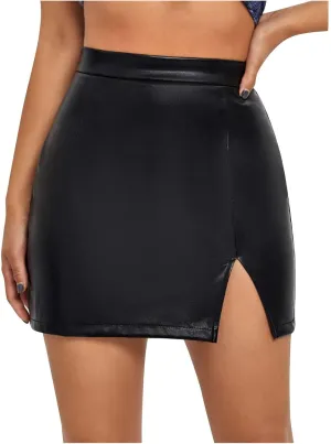 Women High Waist Bodycon Slit Skirts Sexy Leather Mini Skirt Solid Slim Fit Short Pencil Skirts Trendy Casual