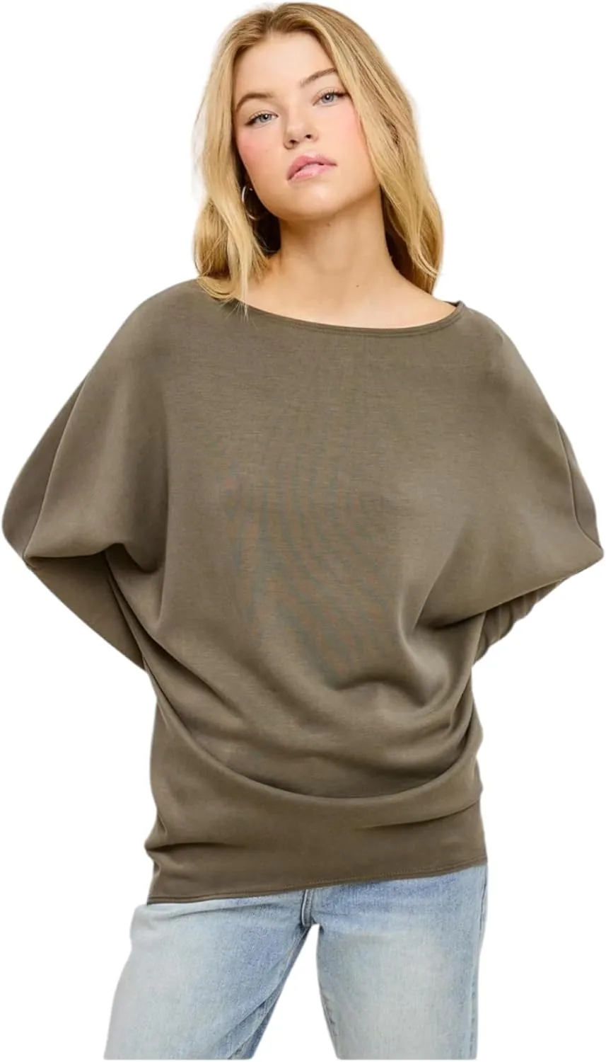Women's Dolman Long Sleeve, Batwing, Ultra Soft Scuba, Boat Neck Top-Black, Rust, White, Olive, Navy, Heather Gray, Graphite