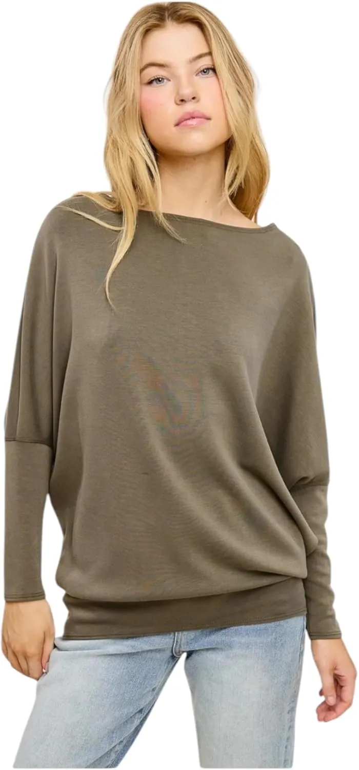 Women's Dolman Long Sleeve, Batwing, Ultra Soft Scuba, Boat Neck Top-Black, Rust, White, Olive, Navy, Heather Gray, Graphite