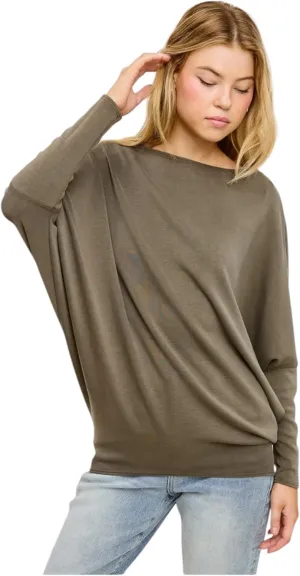 Women's Dolman Long Sleeve, Batwing, Ultra Soft Scuba, Boat Neck Top-Black, Rust, White, Olive, Navy, Heather Gray, Graphite