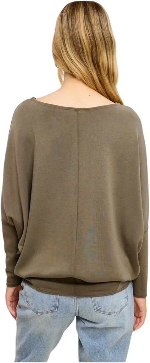 Women's Dolman Long Sleeve, Batwing, Ultra Soft Scuba, Boat Neck Top-Black, Rust, White, Olive, Navy, Heather Gray, Graphite