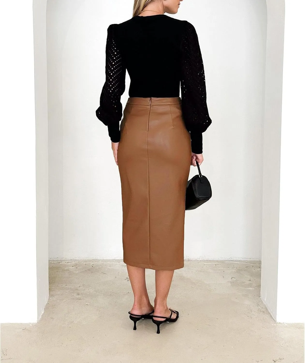Women's Faux Leather Skirts Front Slit Ruched Tummy Control High Waist Bodycon Midi Pencil Skirt
