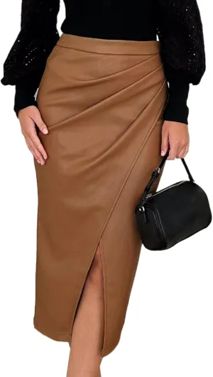 Women's Faux Leather Skirts Front Slit Ruched Tummy Control High Waist Bodycon Midi Pencil Skirt