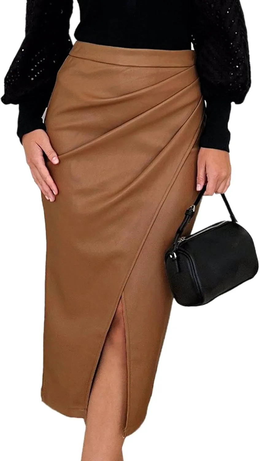 Women's Faux Leather Skirts Front Slit Ruched Tummy Control High Waist Bodycon Midi Pencil Skirt