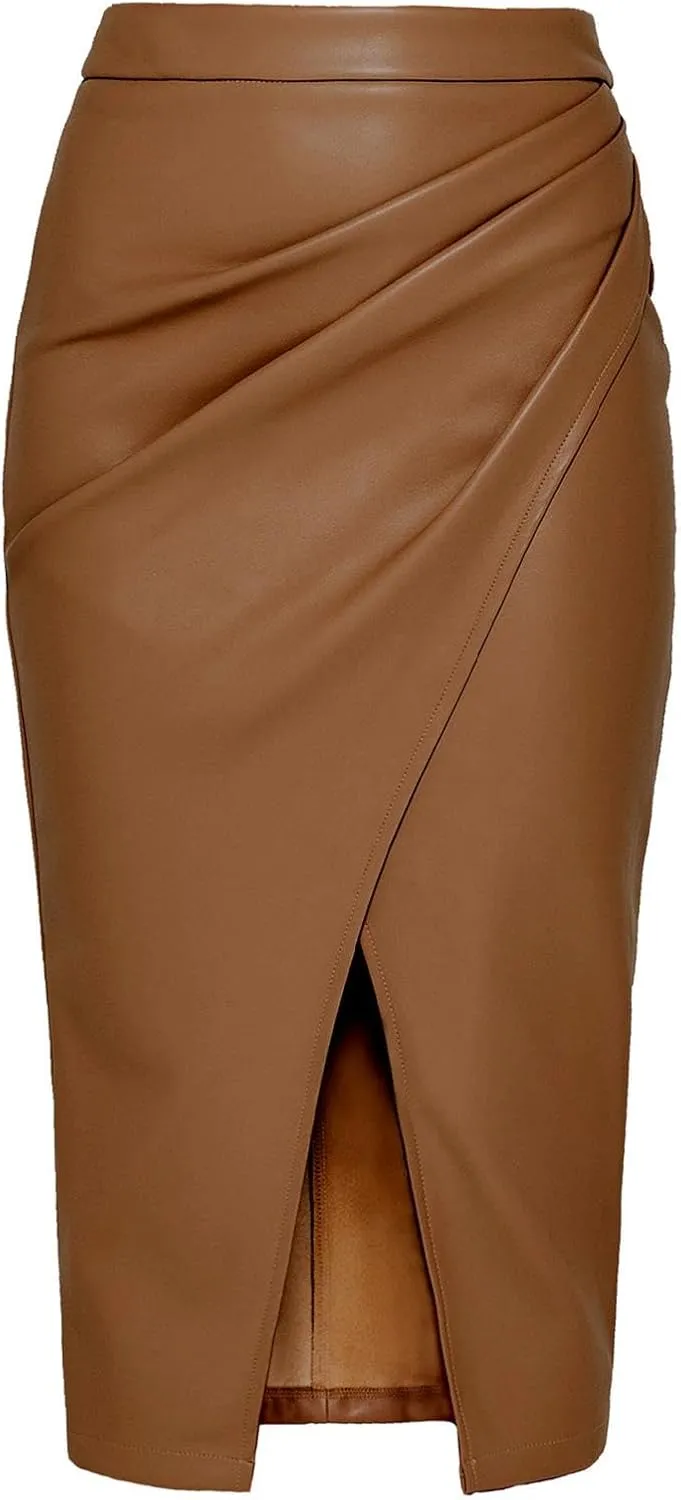 Women's Faux Leather Skirts Front Slit Ruched Tummy Control High Waist Bodycon Midi Pencil Skirt