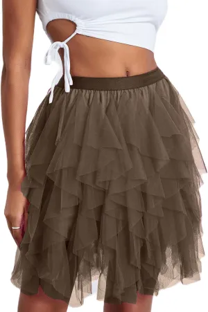 Women's Tulle Mini Skirt Ruffled Mesh Puffy Ballet Tutu Skirts 50s Carnival Party Elastic Waist Short Underskirts