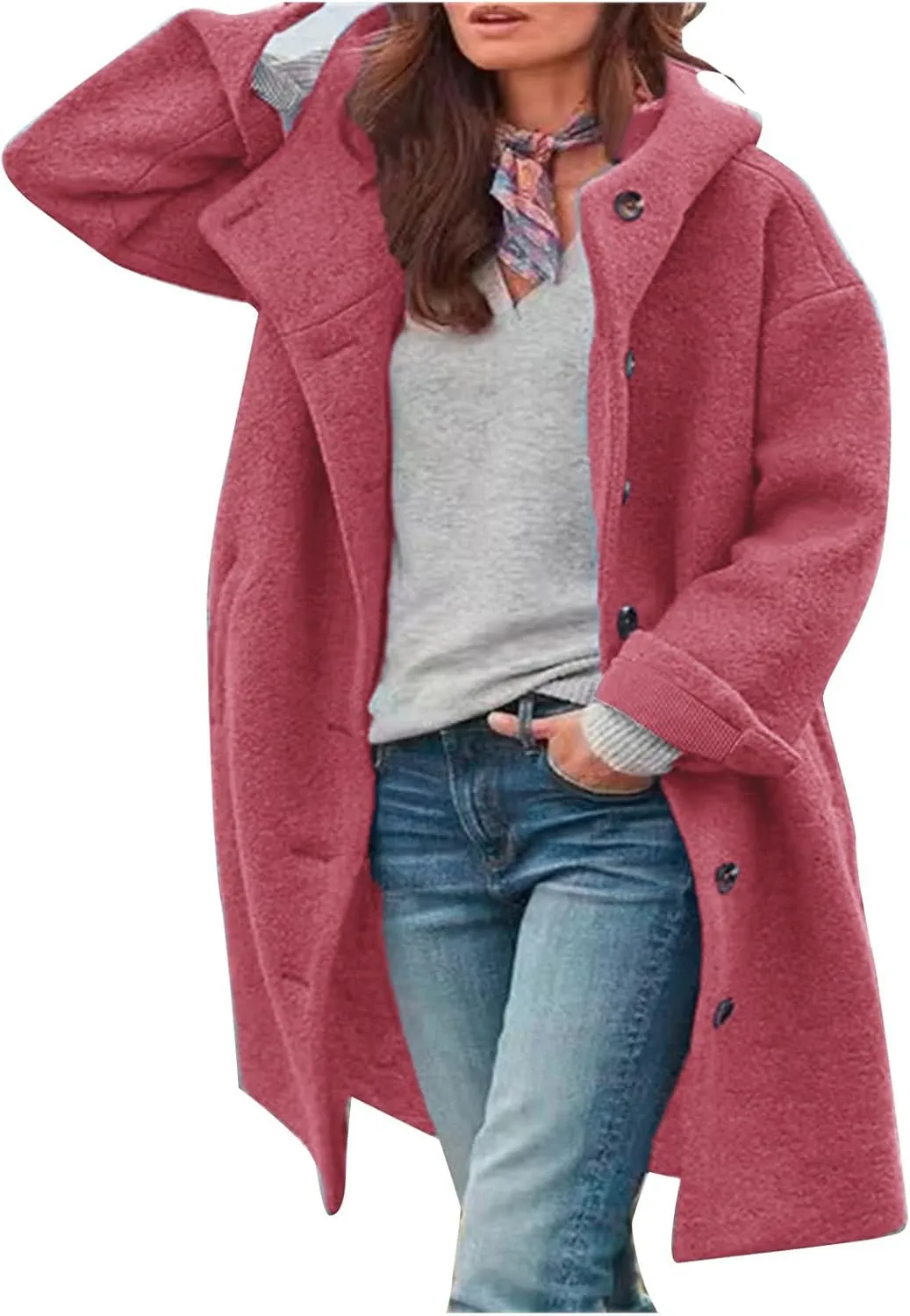 Womens Wool Blend Pea Coat Winter Warm Single Breasted Hooded Trench Coat Casual Office Work Dressy Outwear Jacket