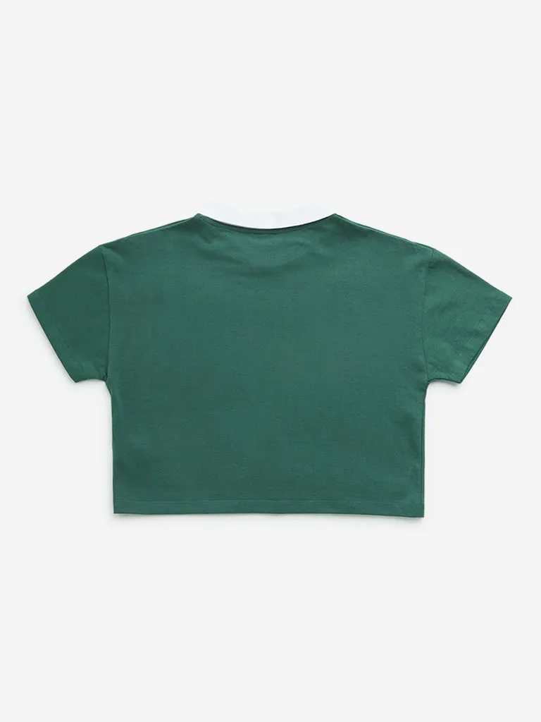 Y&F Kids Green Text Printed Collared Cotton T-Shirt