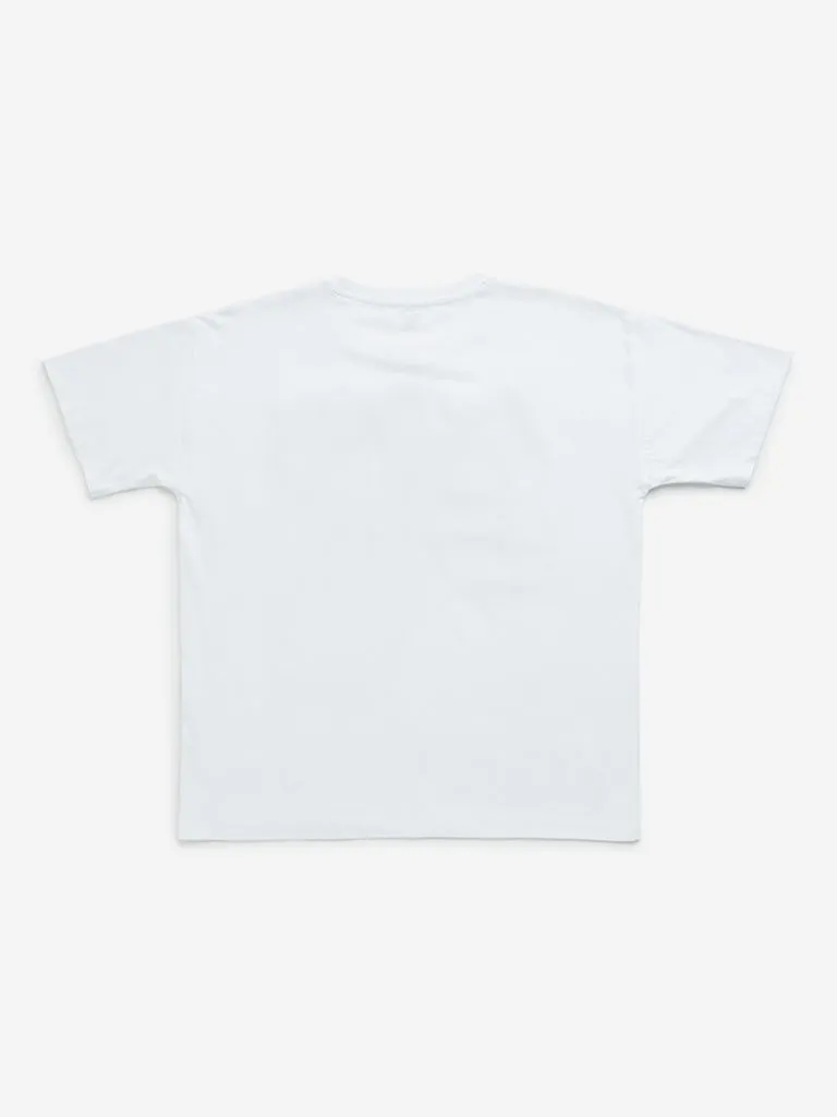 Y&F Kids White Text Embroidered Cotton T-Shirt