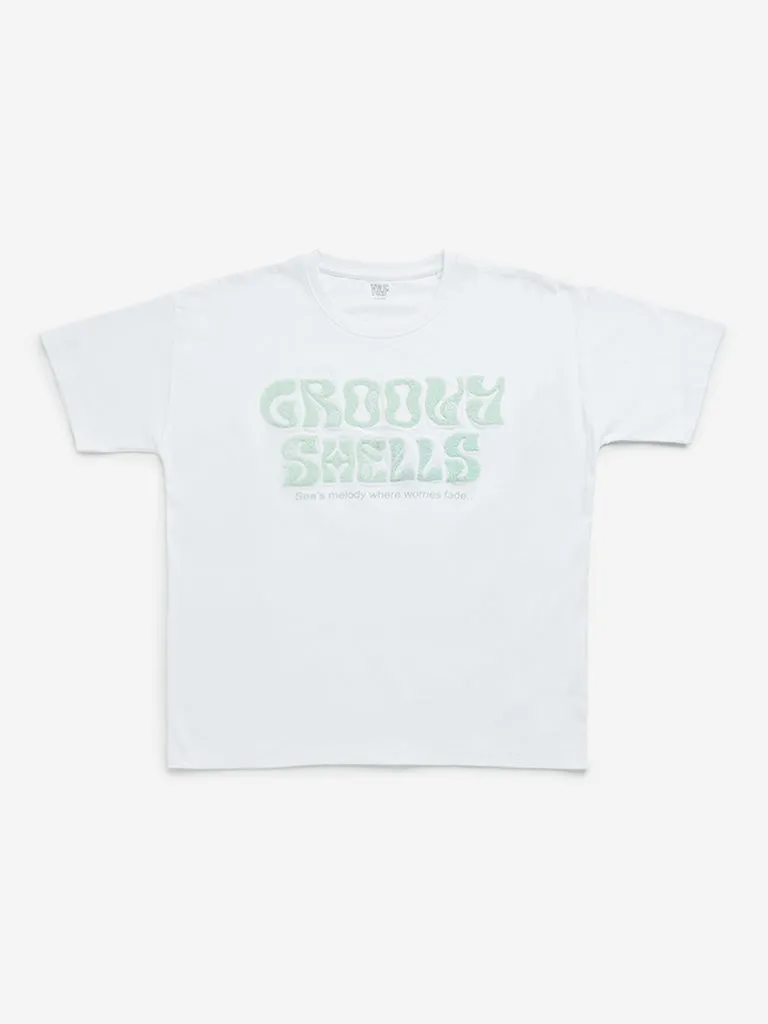 Y&F Kids White Text Embroidered Cotton T-Shirt