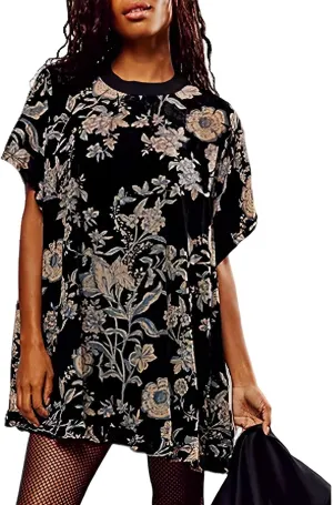 Yimoon Women's Vintage Velvet Floral Print Short Sleeve Mini Flowy Dress - Round Neck Boho Short